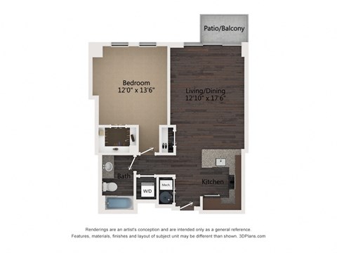 Floor plan for 1 bed, 1 bath, 777 sqft